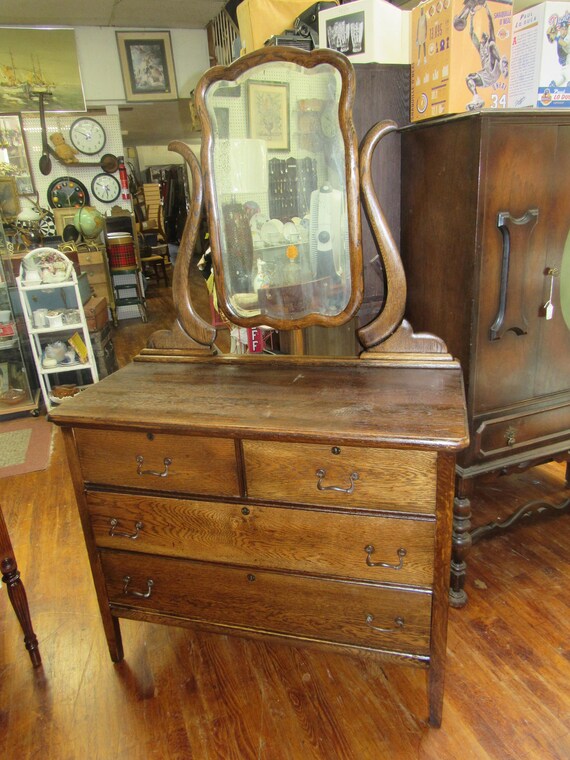 Tiger oak dresser, mirror and harp