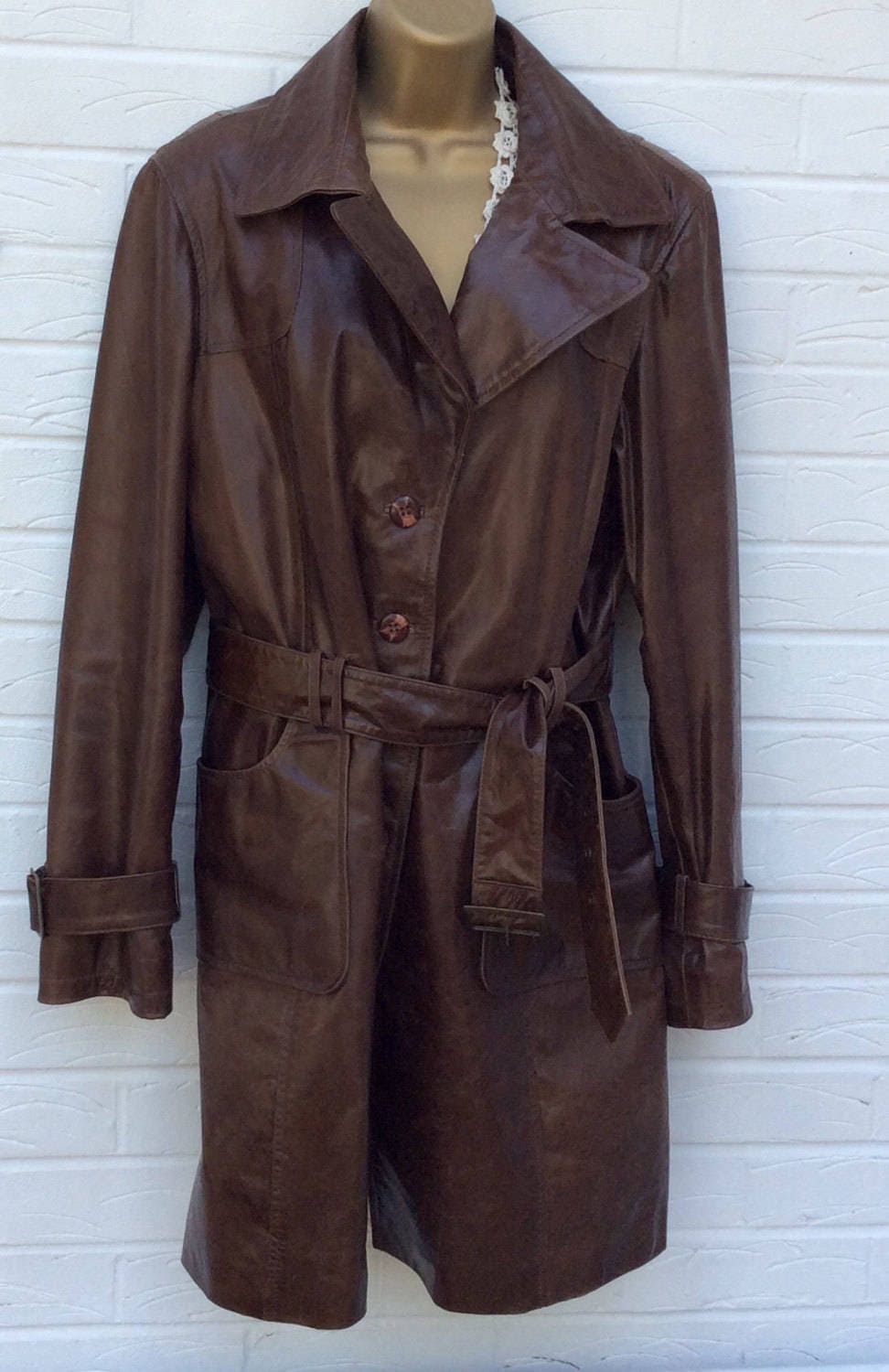 Vintage coat brown leather belted trench military style three