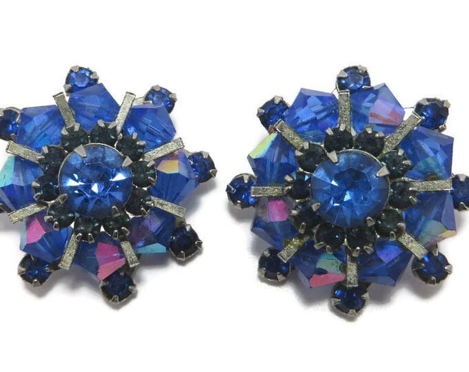 Weiss Royal Blue Rhinestone Earrings, Vintage AB Rhinestone Clip-on Earrings, Signed Weiss Jewelry