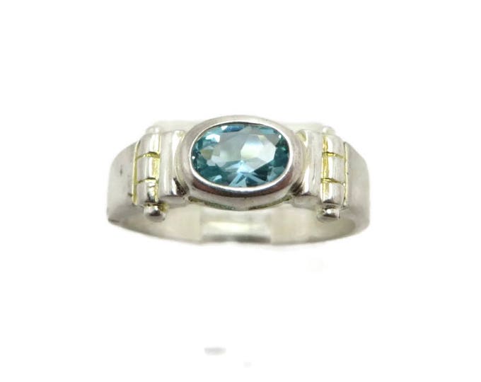 Blue Topaz Silver Ring - Vintage Antique Finish Sterling Silver Ring, Size 8, Gift for Her, Gift Box