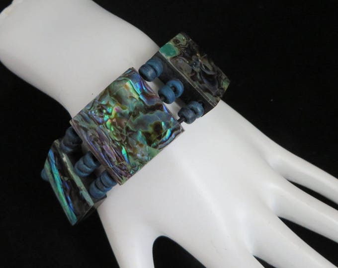 Shell Bracelet, Vintage Abalone Shell Inlay Bracelet, Beaded Panel Bracelet