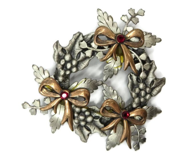 Vintage Brooch - Kerissa Wreath Brooch, Christmas Wreath Pin, Two Tone Wreath Brooch, Rhinestone Stud Holiday Pin