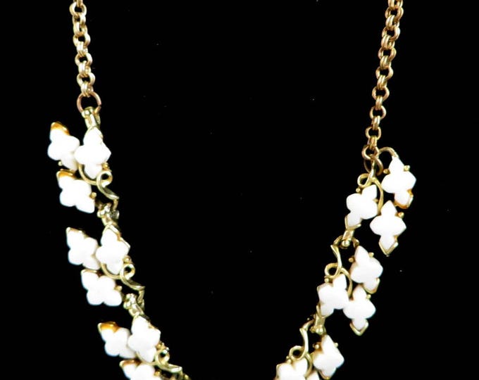 Vintage White Necklace - Thermoset Gold Tone Choker Necklace, Leafy Necklace, Gift for Her