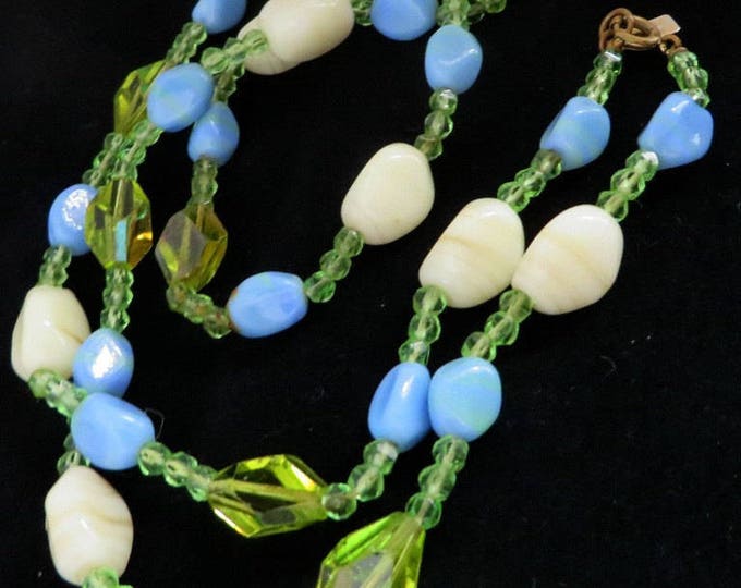 Signed Hattie Carnegie Necklace | Vintage Art Glass | Cream Blue Green Glass Beaded Necklace