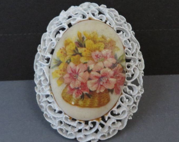 White Flowered Pendant Brooch, Vintage Filigree Pendant Pin, Painted Floral Romantic Brooch