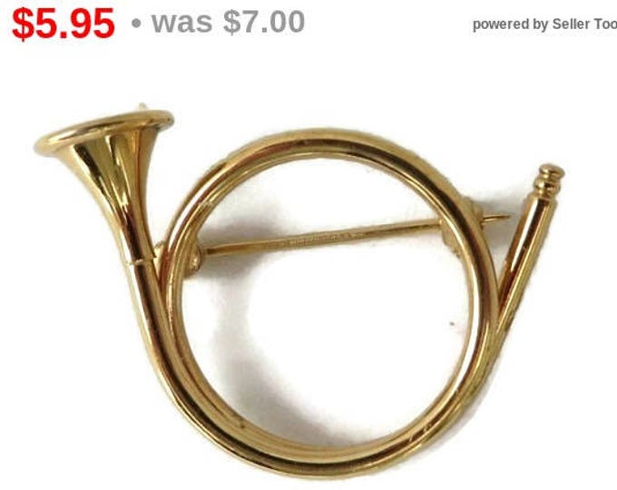 Napier French Horn Brooch Vintage Gold Tone Horn Pin, Coat, Jacket, Hat Pin