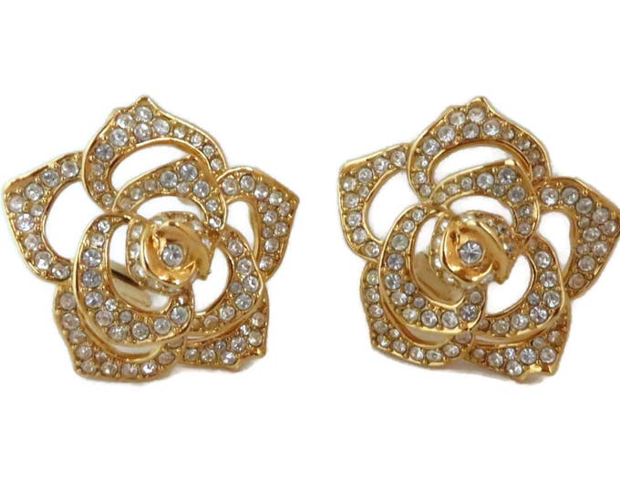 Elizabeth Taylor Crystal Rose Earrings, Vintage AVON Designer Clip-on Earrings