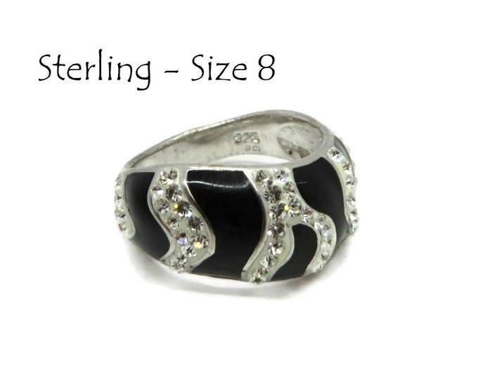 Sterling Silver - Black Enamel Silver Ring, Zebra Striped CZ Ring, Wide Band Ring, Size 8, Gift Box, Perfect Gift