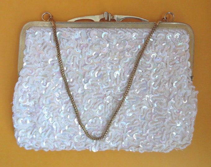 Vintage White Beaded Purse - Faux Pearls & Sequins, British Hong Kong Chain Handled Evening Bag, Disco Handbag, Gift for Her