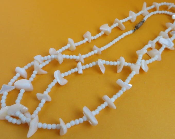 Vintage MOP Beaded Necklace | Cream Shell and Bead Long Necklace