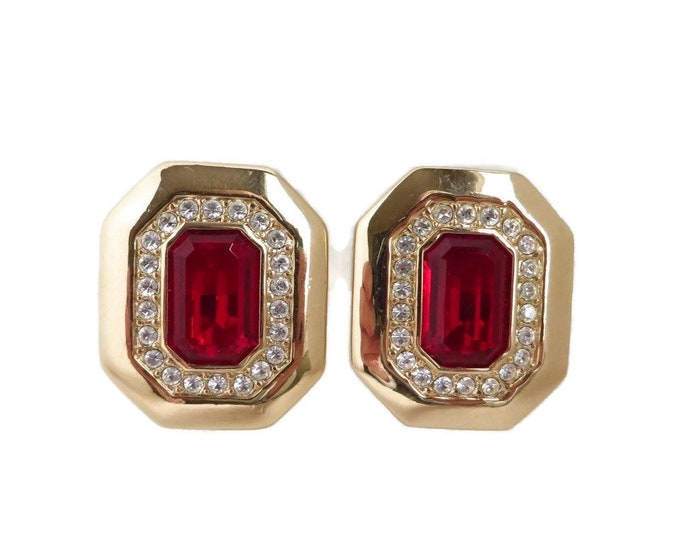 Vintage S.A.L. Swarovski Crystal Earrings, Ruby Red & Clear Rhinestone Earrings, Gold Tone Clip-on 1970s Jewelry