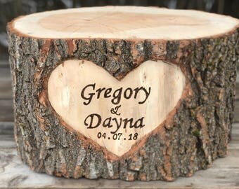 Large Log Wood Stump 9 10in Rustic Cake Stand With Burned Names Large Log Wood Stump 9 10in Rustic Cake Stand With Burned Names