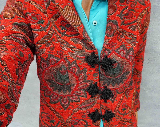 Red Carpet Coat, Vintage 80s Red Jacket, Floral Print Coat, Paisley Carpet Coat, Tapestry Coat, Eastern Carpet Coat, Embroidered Coat, Boho
