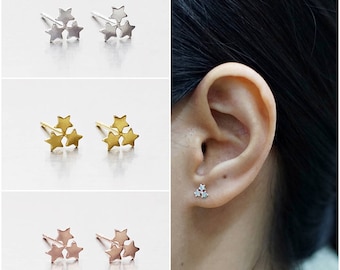 925 Sterling Silver Earrings, Triple Star Earrings, Gold Plated Earrings, Rose Gold Plated Earrings, Stud Earrings (Code : K38A)