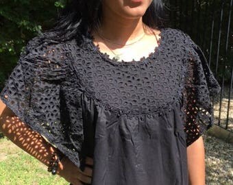 Black boho blouse,M,Medium,cotton blouse,butterfly sleeves,eyelit lace