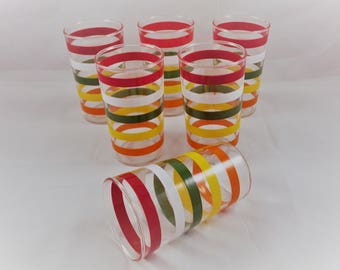 Vintage Anchor Hocking Drinking Glasses Fiesta Bands Striped Set of 4