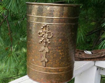 Hammered Brass Trash Can with Flower Motif