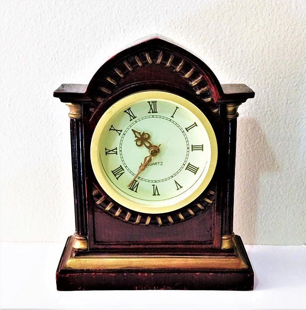 Vintage Hand Made Victorian CounterTop Clock, Resin, Mahogany and Gold