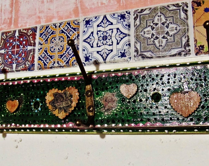 Boho Wall Rack - Mexican Art Decor - Decorative Vintage Hooks - Clothes Hanger - Bohemian Gypsy Decor - Entryway Wall Storage - Hippie Decor