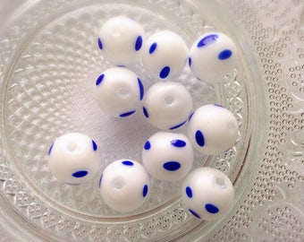 white spots hand blown lampwork glass beads 5pcs 13.5 mm blue