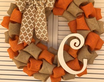 CPM Initial Letter C Burlap Wreath in Natural and Orange with White Medallion Bow - fall wreath