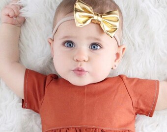 Small Gold Bow Headband - 2.5" Bow Headband - Gold Baby Headband - Soft Bow Headband - Metallic Headband - Photo Prop Headband