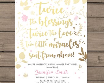 Twin Baby Shower Invitation Gold Bohemian shower Floral invitation Boho Pink and Gold Gender neutral Twins shower PRINTABLE invitate Digital
