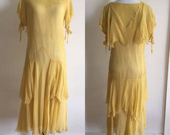 Xs/S Authentic 1920s Yellow Flapper Sailor Silk Crepe Dress As Is