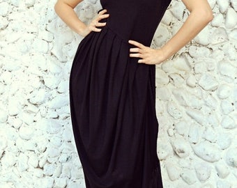 ON SALE Black Asymmetric Maxi Dress / Extravagant Maxi Dress / Plus Size Black Dress TDK32