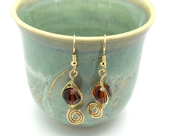 Brown Gold Drop Earrings, Small Unique Wire Wrapped Dangle, Gold Brown Earrings, Brow Wire Wrapping Jewelry, Gold and Brown Earrings