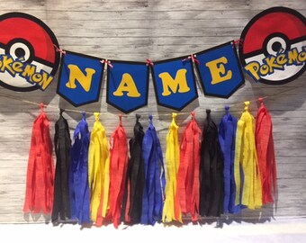 Pokemon Pokeball Birthday Party Wall Tassel Garland, Personalized Custom Name Banner Bunting, Handmade Decorations
