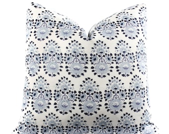 John Robshaw Lanka Lapis Pillow Cover, Boho Pillow, Indigo, Blue, White, Linen, Floral, Pattern, SKU07252