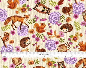 Woodland Animal Quilt Fabric, Enchanted Forest Studio E 3832 44 Cream, Fox, Bunny, Hedgehog, Raccoon, Squirrel, Owl, Chipmunk, Cotton