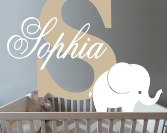 Cute Elephant wall decal - Custom Baby Girl Name - Nursery Wall decal - Personalized Name Monogram - Bedroom Nursery Initial Playroom