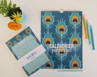 perpetual calendar with peacock pattern + notepad, Birthday calendar, blue