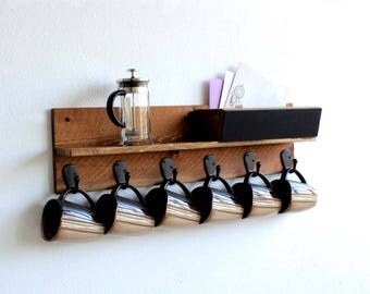 Coffee Mug Rack, Wall Coffee Cup Display, Wood Kitchen Organizer, Coffee Bar Decor, Coffee Cup Holder