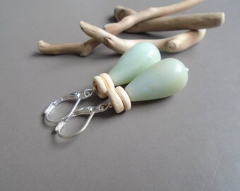 Amazonite, coconut, and Sterling Silver earrings / / nature jewelry