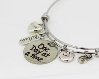 One Day at a Time expandable bangle Bracelet - Sobriety Bracelet, Sobriety Jewelry, Recovery bracelet | Silver Bracelet Jewelry