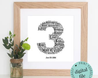 3rd ANNIVERSARY GIFT - Word Art - Printable Gift - 3 Year Anniversary - 3rd Wedding Anniversary - Leather Anniversary - Personalised Gift