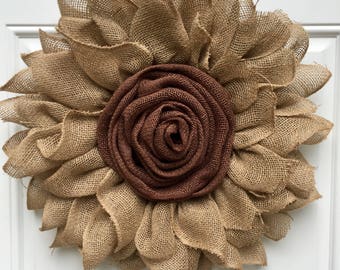 Burlap Sunflower Wreath, Large Shabby Chic Brown Sunflower Wreath, Americana Style Sunflower Wreath, Unique Housewarming Gift, Flower wreath
