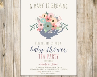 Rustic BABY IS BREWING Invitation, Floral Baby Shower Tea Invite, Coed Baby Shower Invites, Baby Coffee Shower, Sip and See, Meet and Greet