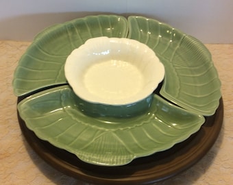 Vintage California Pottery USA 830 831 Olive Green and White Serving Platter, Lazy Susan Server, Retro Dining, Super Bowl Party Serving Tray