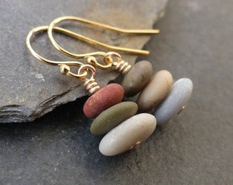 Beach stone earrings, sterling silver, gold, natural stone jewelry, beach pebble earrings, cairn earrings, boho jewelry, nature jewelry