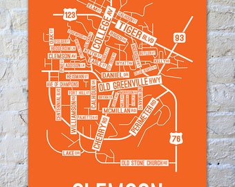 Clemson, South Carolina Street Map Print - College Town Maps