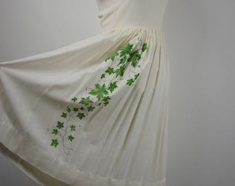 50's Cream Ivy Print Day Dress Fit & Flare Rockability