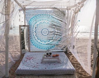 Blue Mandala Wall Tapestry, Bohemian Wall Tapestries, Ombre Tapestry, Boho Wall Throw, Hippie Room Decor