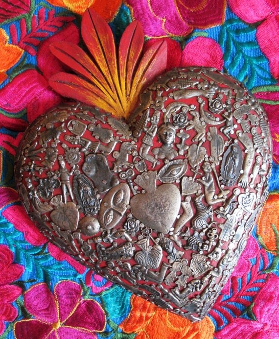 Mexican Milagros Heart // Red Sacred Heart with Charms