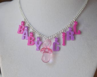 BABY GIRL colorful word chain w/ binky ~ silver plated bbygirl chain choker necklace ~ ddlg baby girl pacifier jewelry