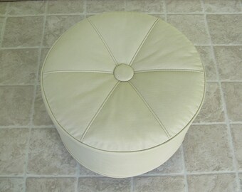 Ottoman with Wheels, Vintage Foot Stool, Hassock, Beige Faux Leather, Off White Vinyl, Rolling Pouff Seating