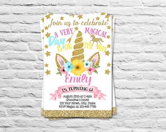 Printable Unicorn Birthday Party invitation for a girl - Unicorn b-day invite card gold pink - 1st birthday unicorn (2017-03)